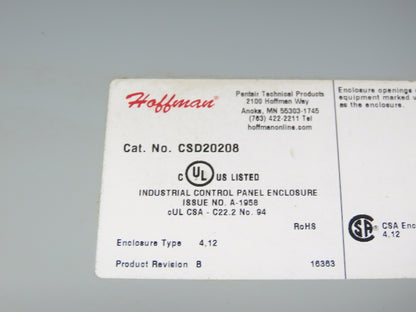 Hoffman CSD20208 Concept Electrical Enclosure 20x20x8" Control Panel Backplate