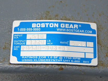 Boston Gear F843B-80S-B5 Inline Helical Gearbox 76.48:1 Reducer .5Hp 23rpm 56C