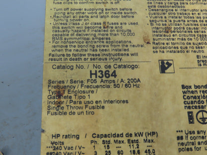 Square D H364 Safety Disconnect Switch Series F05 Fusible 200A 600VAC 3Ph 3 Pole