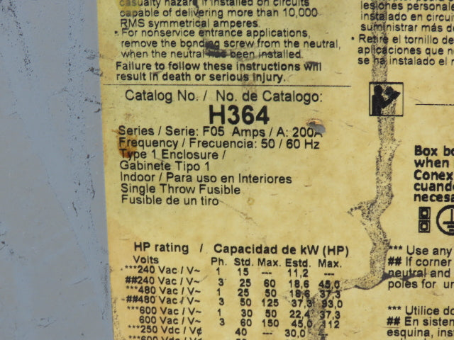 Square D H364 Safety Disconnect Switch Series F05 Fusible 200A 600VAC 3Ph 3 Pole