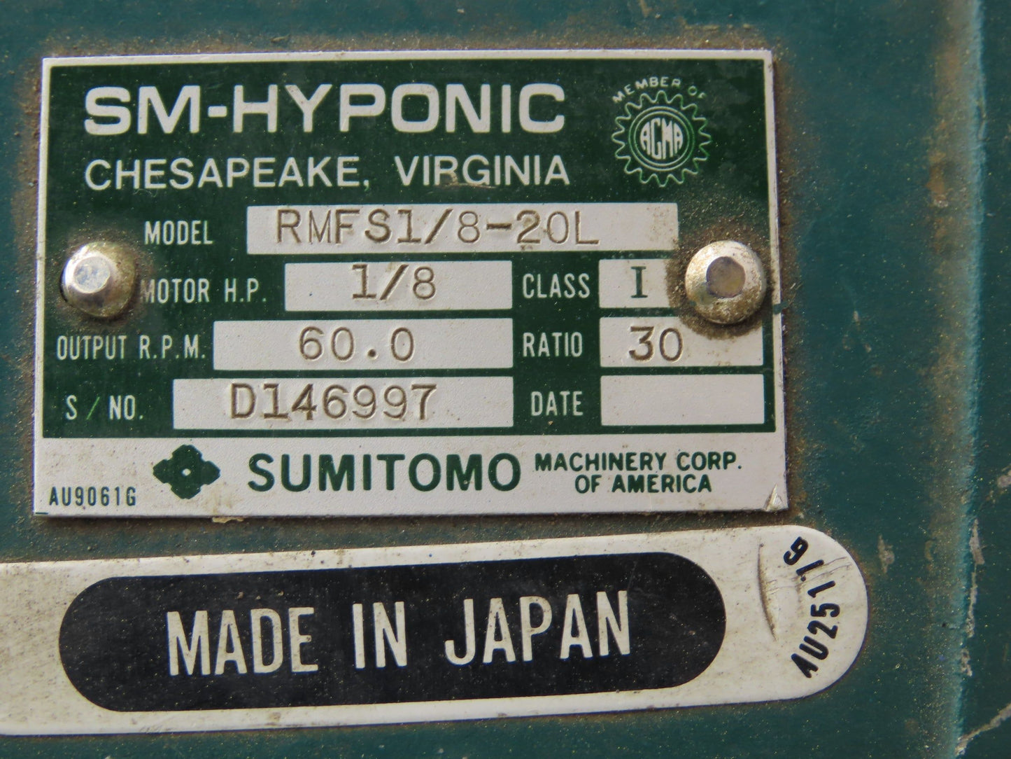 Sumitomo RMFS1/8-20L SM-Hyponic Gearmotor 30:1 Reducer 60rpm 1/8Hp 460V 3PH 63S