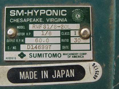 Sumitomo RMFS1/8-20L SM-Hyponic Gearmotor 30:1 Reducer 60rpm 1/8Hp 460V 3PH 63S