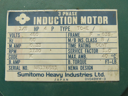 Sumitomo RMFS1/8-20L SM-Hyponic Gearmotor 30:1 Reducer 60rpm 1/8Hp 460V 3PH 63S
