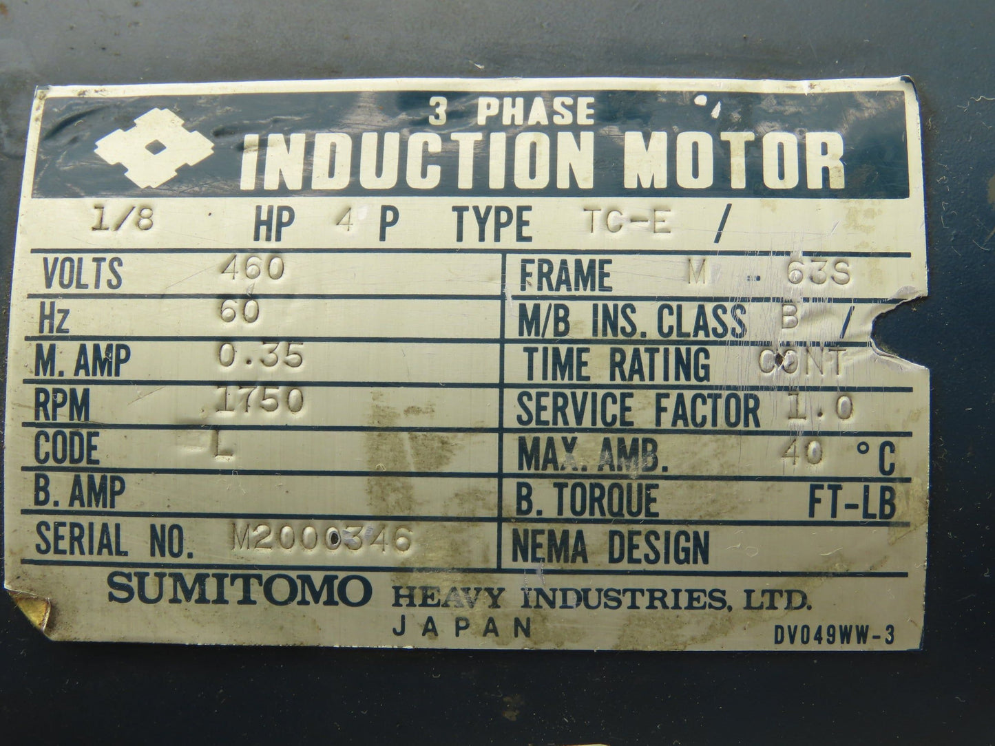 Sumitomo RMF01-20L Hyponic Drive Gearmotor 30:1 Reducer 60rpm 1/8Hp 460V 3PH 63S