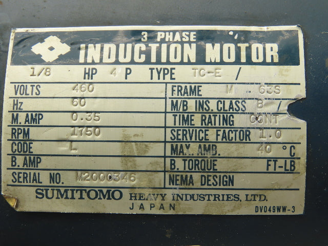 Sumitomo RMF01-20L Hyponic Drive Gearmotor 30:1 Reducer 60rpm 1/8Hp 460V 3PH 63S