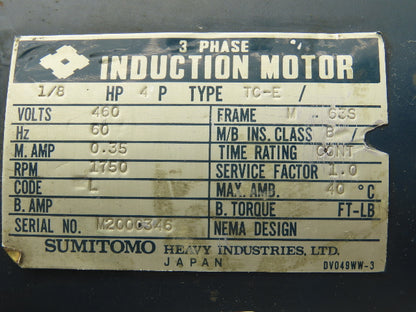 Sumitomo RMF01-20L Hyponic Drive Gearmotor 30:1 Reducer 60rpm 1/8Hp 460V 3PH 63S
