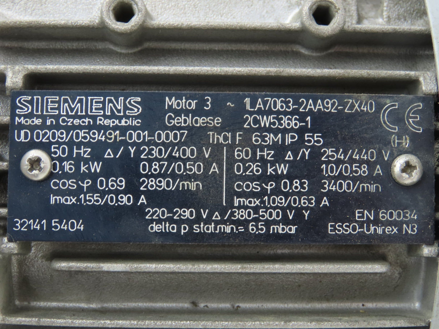 Siemens 1LA7063-2AA92-ZX40 Squirrel Cage Blower Fan .26kw 3400rpm 230/460V 3PH