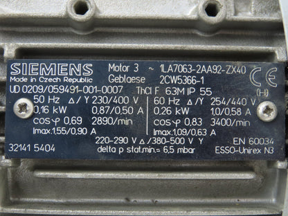 Siemens 1LA7063-2AA92-ZX40 Squirrel Cage Blower Fan .26kw 3400rpm 230/460V 3PH