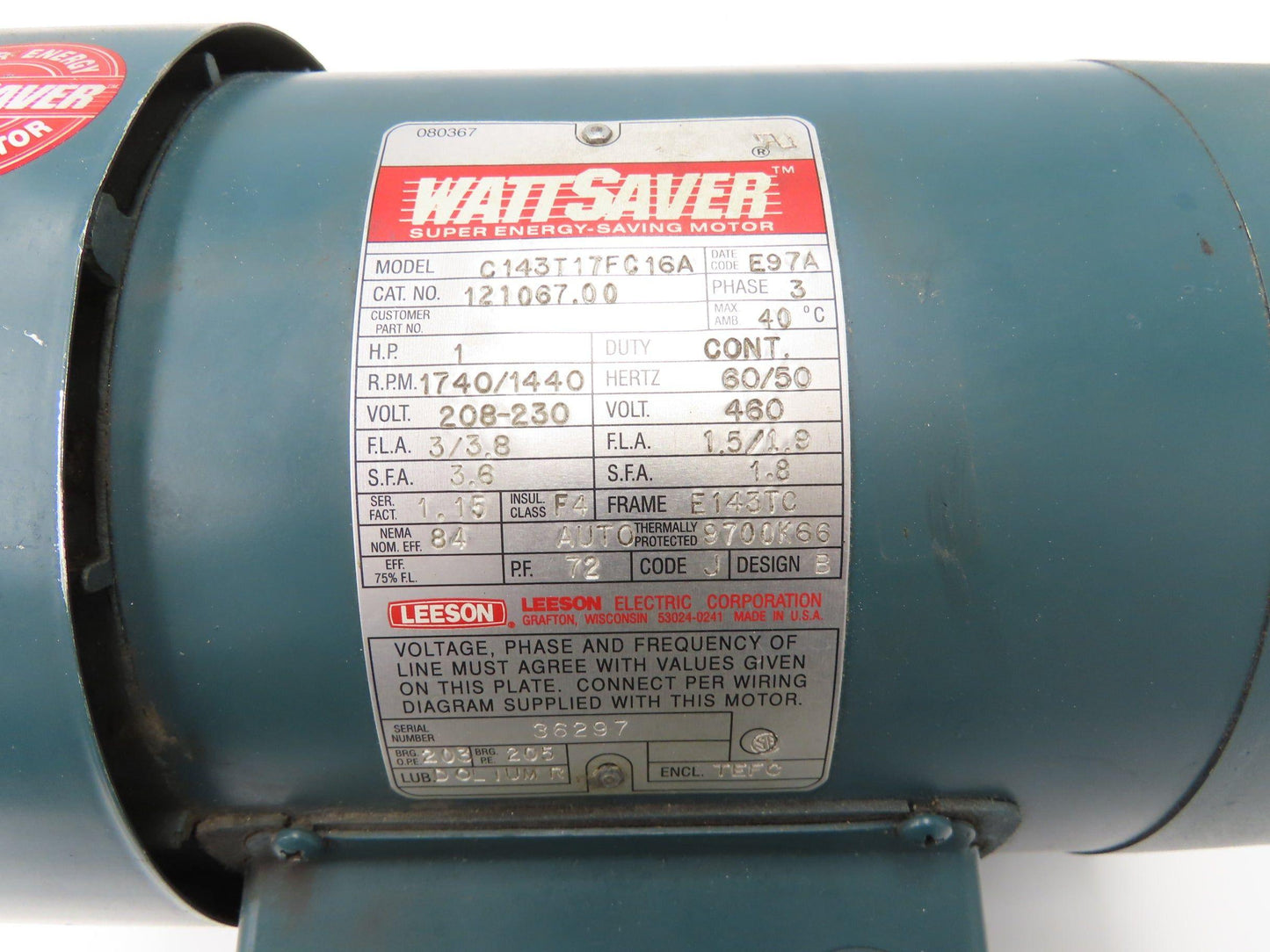 Leeson C143T17FC16A WattSaver AC Motor 1Hp 1740rpm 230/460V 3PH 143/145TC