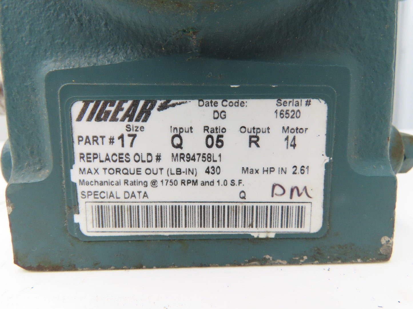 Dodge Tigear 17Q05R14 Worm Gearbox 5:1 Reducer 2.61Hp 1750rpm 56C RH Output