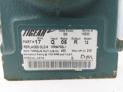 Dodge Tigear 17Q05R14 Worm Gearbox 5:1 Reducer 2.61Hp 1750rpm 56C RH Output