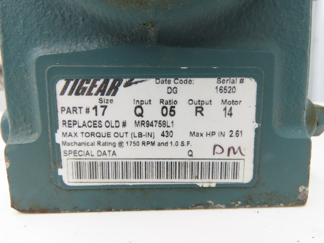 Dodge Tigear 17Q05R14 Worm Gearbox 5:1 Reducer 2.61Hp 1750rpm 56C RH Output
