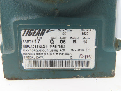 Dodge Tigear 17Q05R14 Worm Gearbox 5:1 Reducer 2.61Hp 1750rpm 56C RH Output