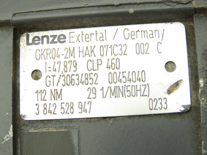 Lenze MDEMA1M071-32 Gearmotor 47.8:1 Ratio .45kw 230/460V Hex Shaft GKR04-2M HAK