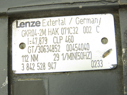 Lenze MDEMA1M071-32 Gearmotor 47.8:1 Ratio .45kw 230/460V Hex Shaft GKR04-2M HAK