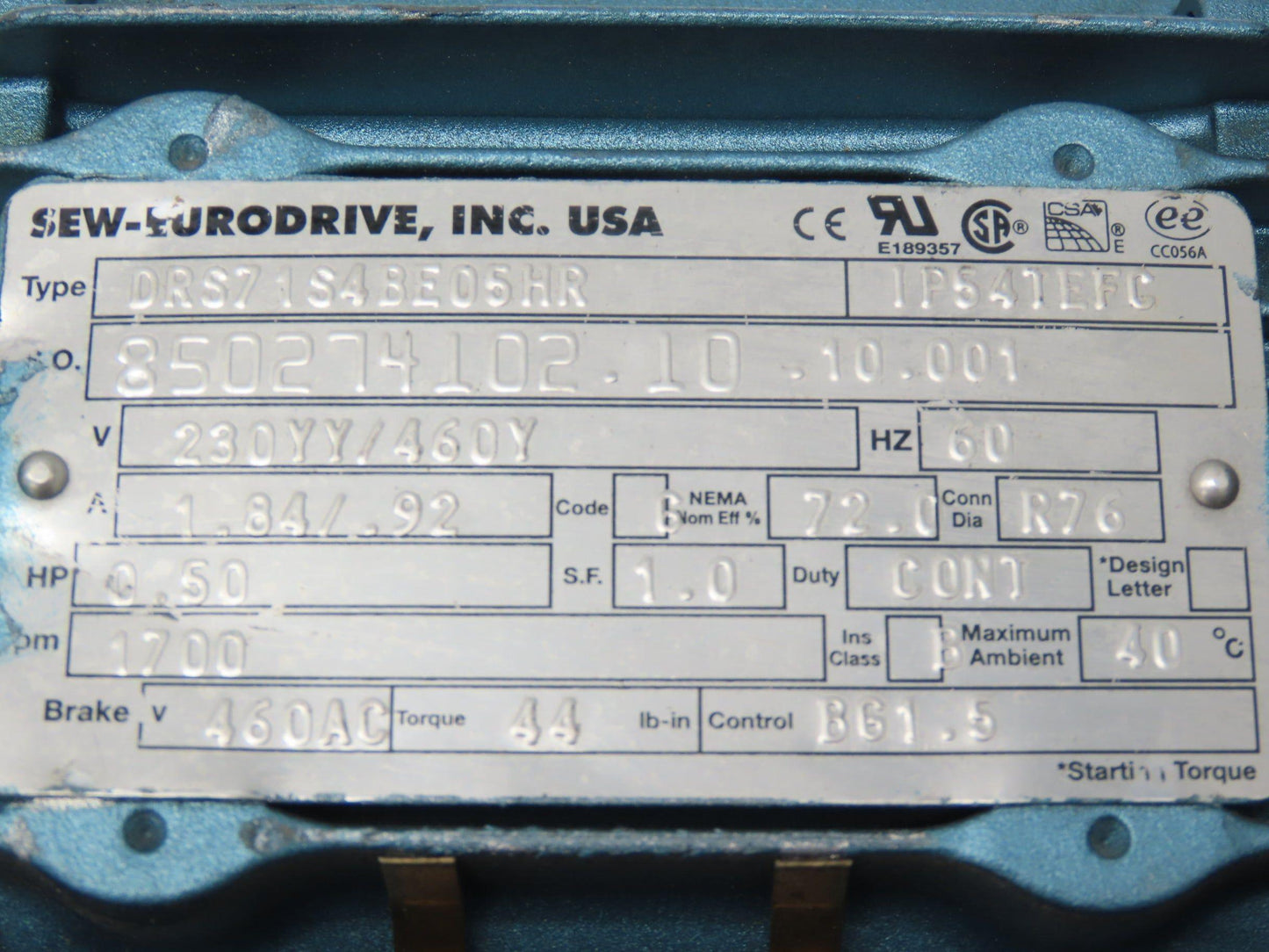 Sew Eurodrive SA47TDRS71S4BE05HR Brake Gearmotor 84:1 Ratio 20rpm .5Hp 230/460V