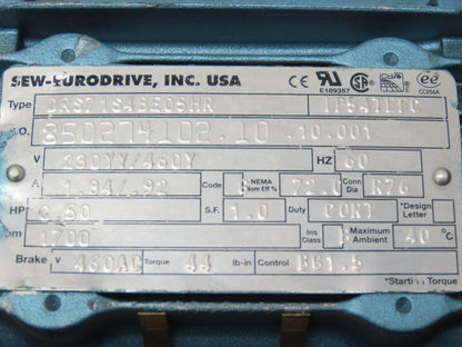 Sew Eurodrive SA47TDRS71S4BE05HR Brake Gearmotor 84:1 Ratio 20rpm .5Hp 230/460V