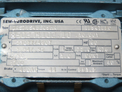 Sew Eurodrive SA47TDRS71S4BE05HR Brake Gearmotor 84:1 Ratio 20rpm .5Hp 230/460V