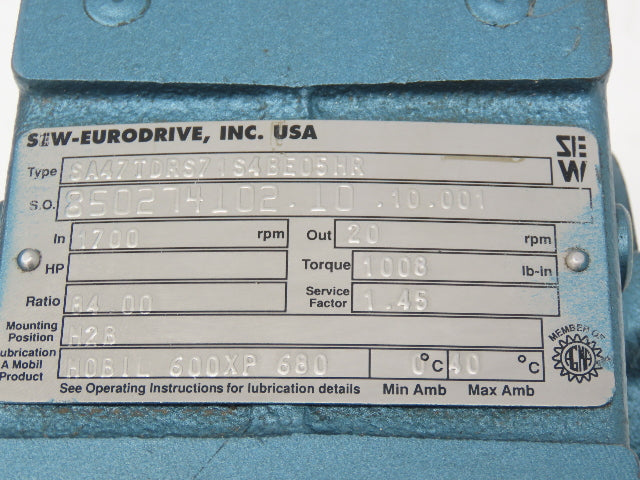 Sew Eurodrive SA47TDRS71S4BE05HR Brake Gearmotor 84:1 Ratio 20rpm .5Hp 230/460V