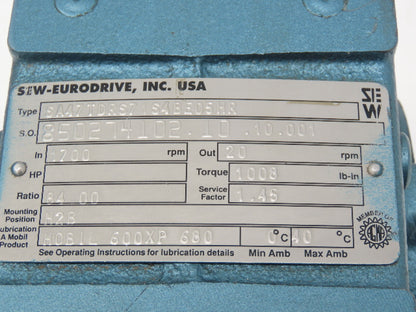 Sew Eurodrive SA47TDRS71S4BE05HR Brake Gearmotor 84:1 Ratio 20rpm .5Hp 230/460V
