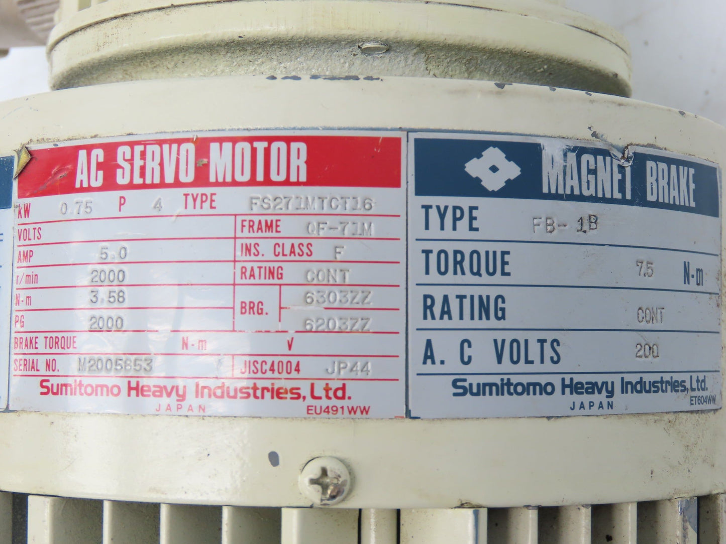 Sumitomo FS271MTCT16 Cyclo-Drive Servo Gear Motor w/Brake 13:1 Ratio 154rpm 230V