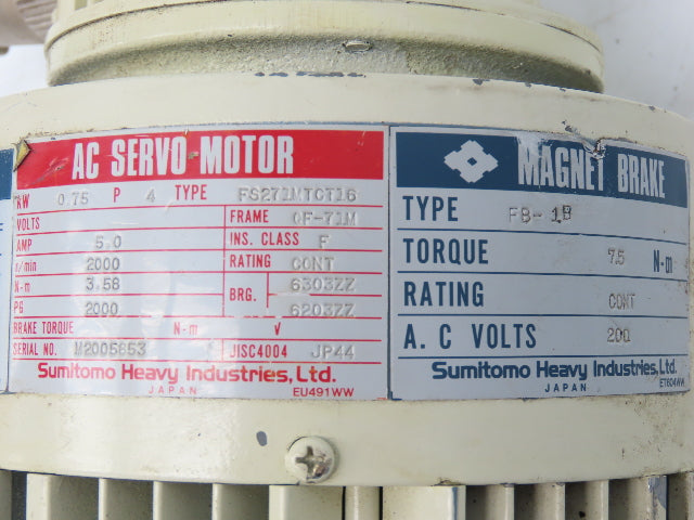 Sumitomo FS271MTCT16 Cyclo-Drive Servo Gear Motor w/Brake 13:1 Ratio 154rpm 230V