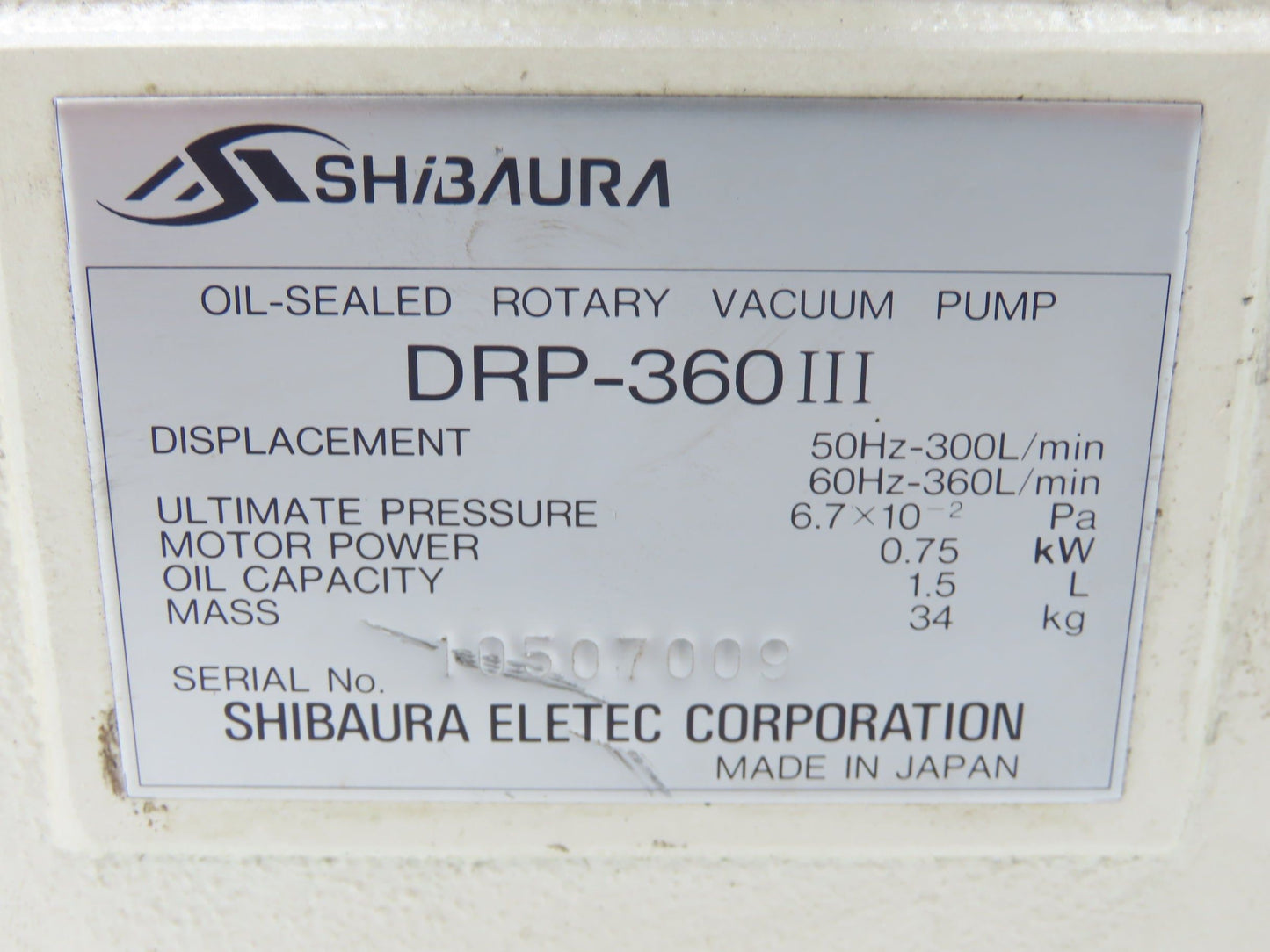 Tokuda Shibaura DRP-360III Rotary Vane Vacuum Pump 360L/Min 1Hp 220V 3PH