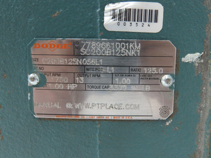 Dodge C200B125N056L1 Worm Gearbox 125:1 Reducer 13rpm 1Hp LH 56C