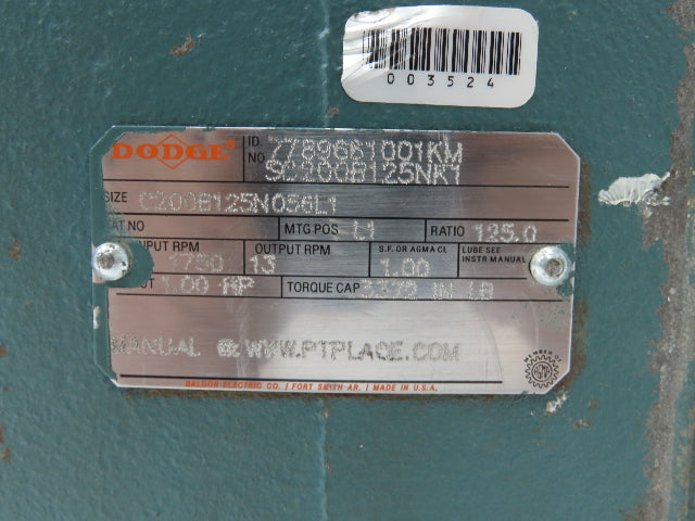 Dodge C200B125N056L1 Worm Gearbox 125:1 Reducer 13rpm 1Hp LH 56C