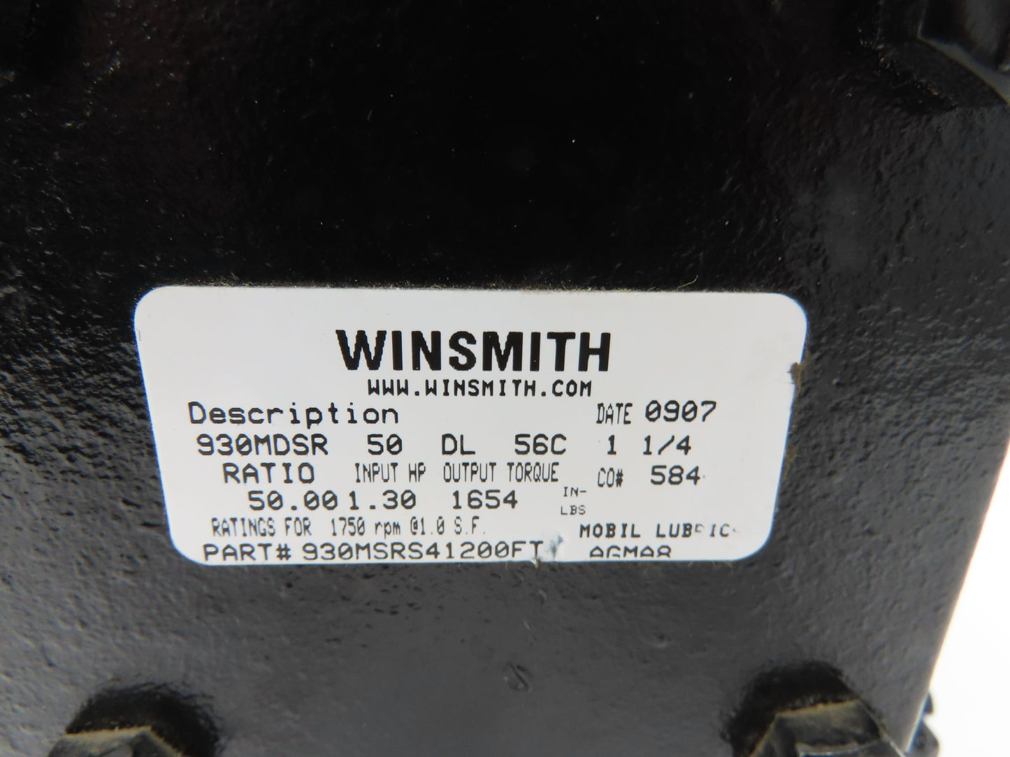 Winsmith 930MSRS41200FT Worm Gearbox 50:1 Reducer 350rpm 1.3Hp Hallow Shaft 56C