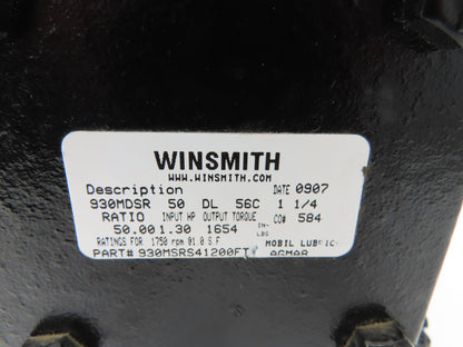 Winsmith 930MSRS41200FT Worm Gearbox 50:1 Reducer 350rpm 1.3Hp Hallow Shaft 56C