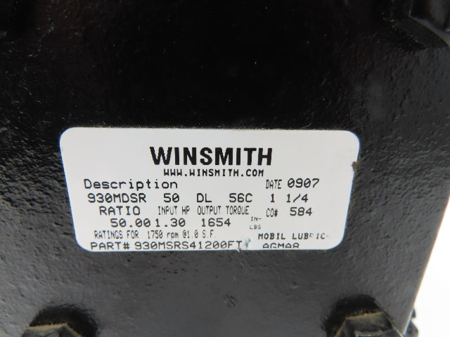 Winsmith 930MSRS41200FT Worm Gearbox 50:1 Reducer 350rpm 1.3Hp Hallow Shaft 56C