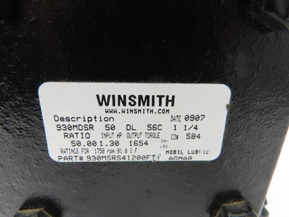 Winsmith 930MSRS41200FT Worm Gearbox 50:1 Reducer 350rpm 1.3Hp Hallow Shaft 56C