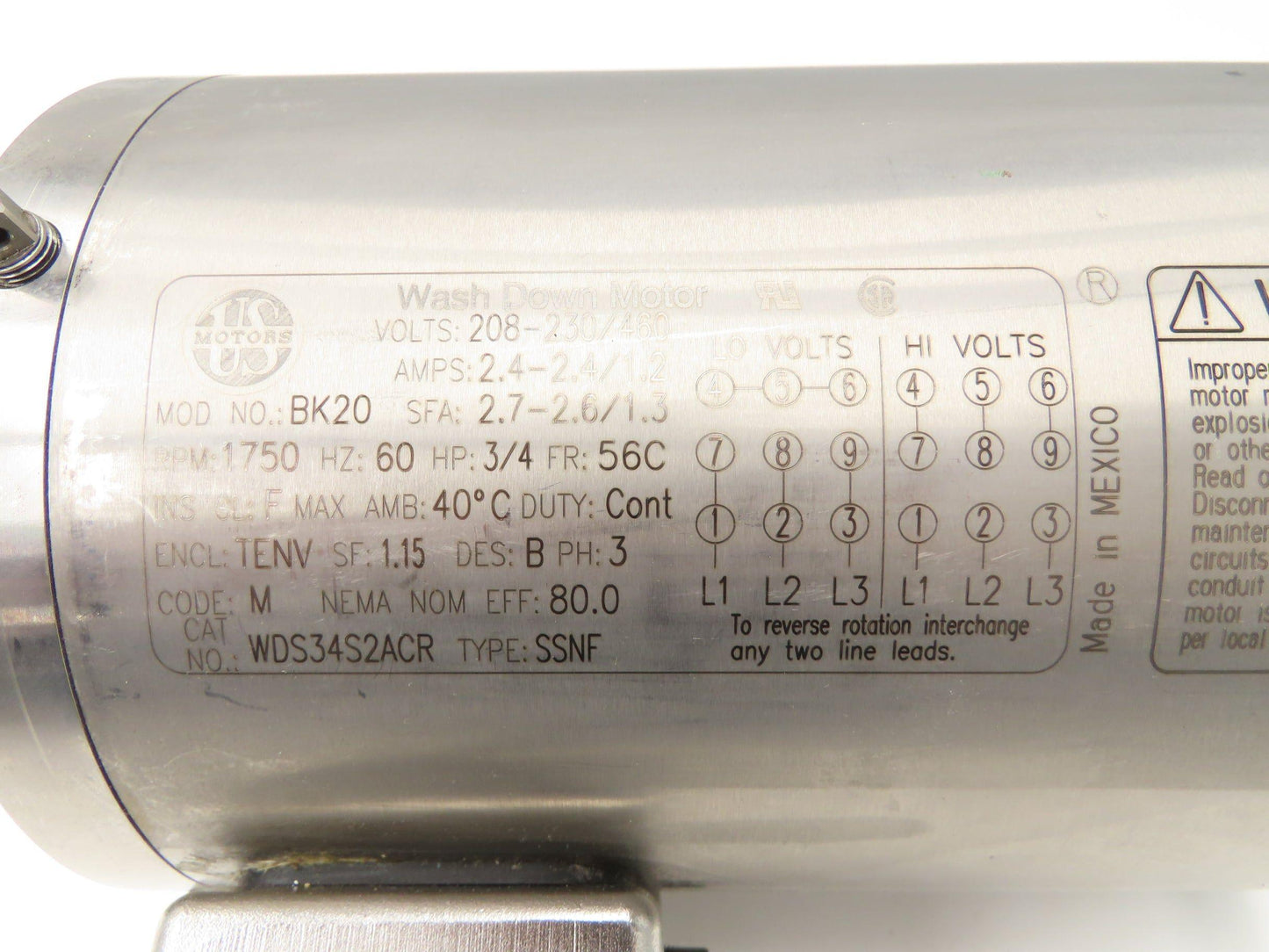 US Motors BK20 Stainless AC Motor 3/4Hp 1750rpm 230/460V 3PH 56C TENV Washdown