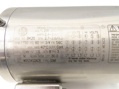 US Motors BK20 Stainless AC Motor 3/4Hp 1750rpm 230/460V 3PH 56C TENV Washdown