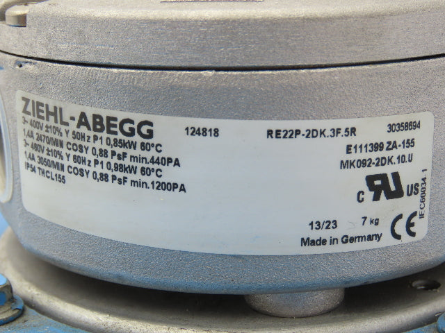 Ziehl Abegg RE22P-2DK.3F.5R Planar Axial Fan 0.98kw 3050rpm 460V 3ph