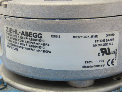 Ziehl Abegg RE22P-2DK.3F.5R Planar Axial Fan 0.98kw 3050rpm 460V 3ph