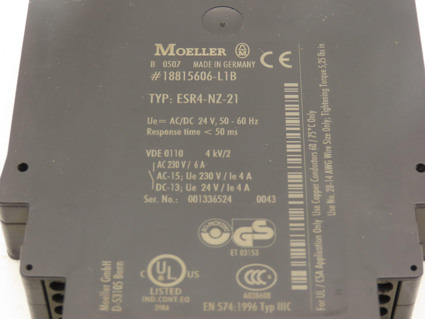 Moeller ESR4-NZ-21 Safety Relay 24V AC/DC <50ms Coil 230VAC 6A