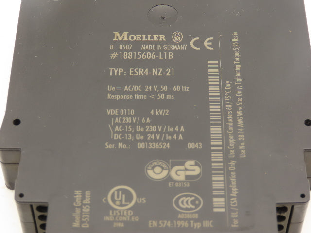 Moeller ESR4-NZ-21 Safety Relay 24V AC/DC <50ms Coil 230VAC 6A