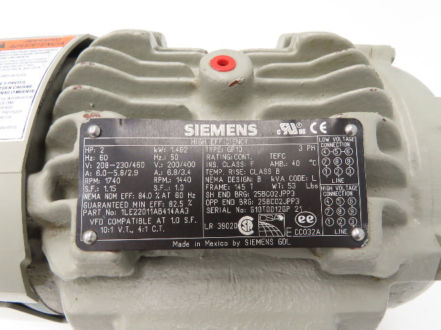 SIEMENS 1LE22011AB414AA3 AC Motor 2Hp 1740rpm 230/460V 3PH 145 T