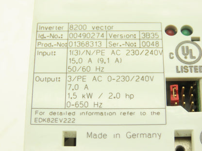 Lenze EDK82EV222 8200 vector Inverter Drive 1/3Ph 240V In 2Hp 240V 7A 650Hz