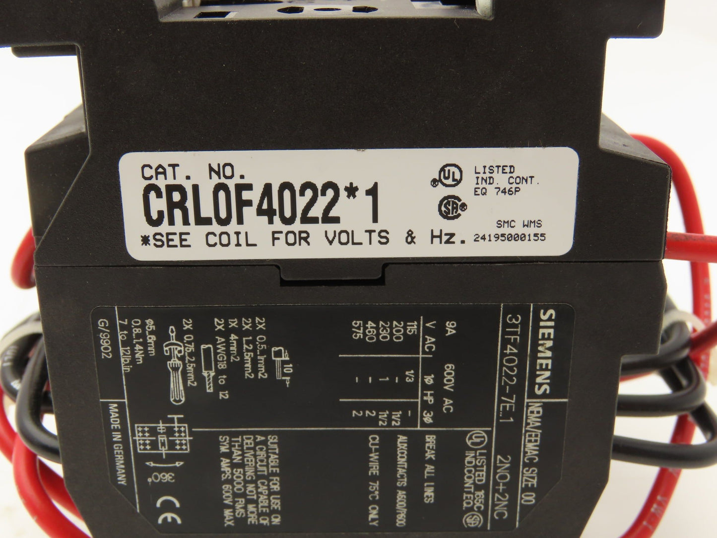 Siemens CRL0F4022K1 Reversing Motor Starter Sz 00 NEMA 9A 600V Coil 120V 2NO 2NC
