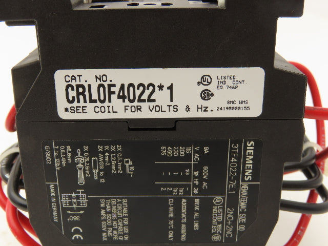 Siemens CRL0F4022K1 Reversing Motor Starter Sz 00 NEMA 9A 600V Coil 120V 2NO 2NC