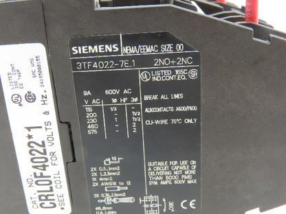 Siemens CRL0F4022K1 Reversing Motor Starter Sz 00 NEMA 9A 600V Coil 120V 2NO 2NC