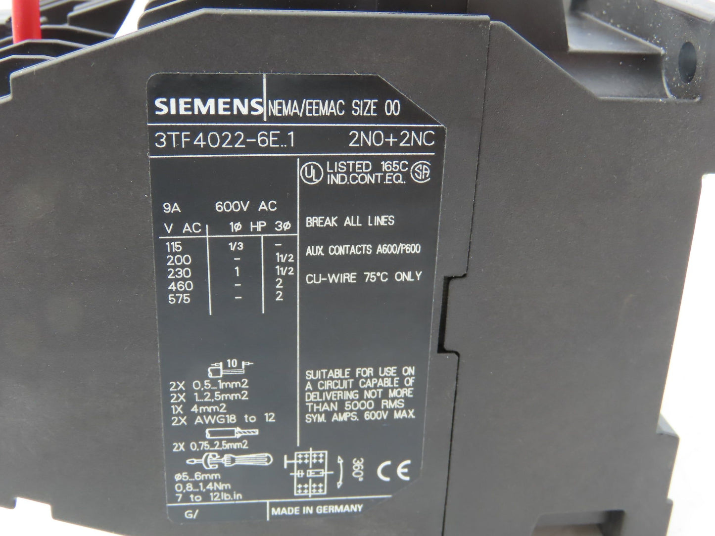 Siemens CRL0F4022K1 Reversing Motor Starter Sz 00 NEMA 9A 600V Coil 120V 2NO 2NC
