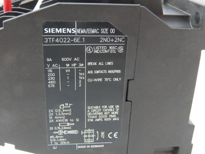 Siemens CRL0F4022K1 Reversing Motor Starter Sz 00 NEMA 9A 600V Coil 120V 2NO 2NC