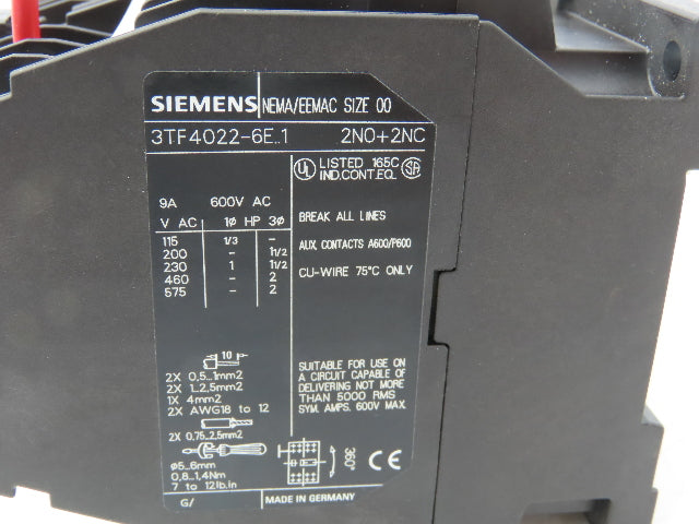 Siemens CRL0F4022K1 Reversing Motor Starter Sz 00 NEMA 9A 600V Coil 120V 2NO 2NC