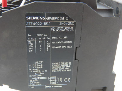 Siemens CRL0F4022K1 Reversing Motor Starter Sz 00 NEMA 9A 600V Coil 120V 2NO 2NC