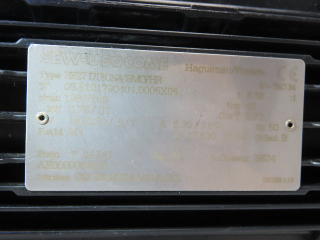 Sew Usocome Gearmotor W/Brake 1Hp 133/230V 8.16:1 169rpm 50Hz 42Nm