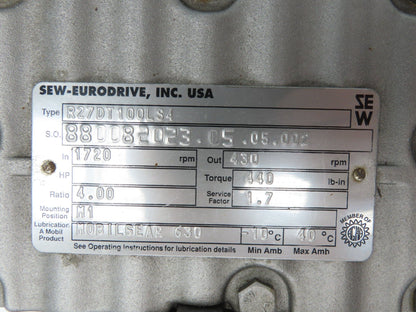 Sew Eurodrive R27DT100LS4 Inline Gearmotor 4:1 Ratio 3Hp 430rpm 460V DFT100LS4